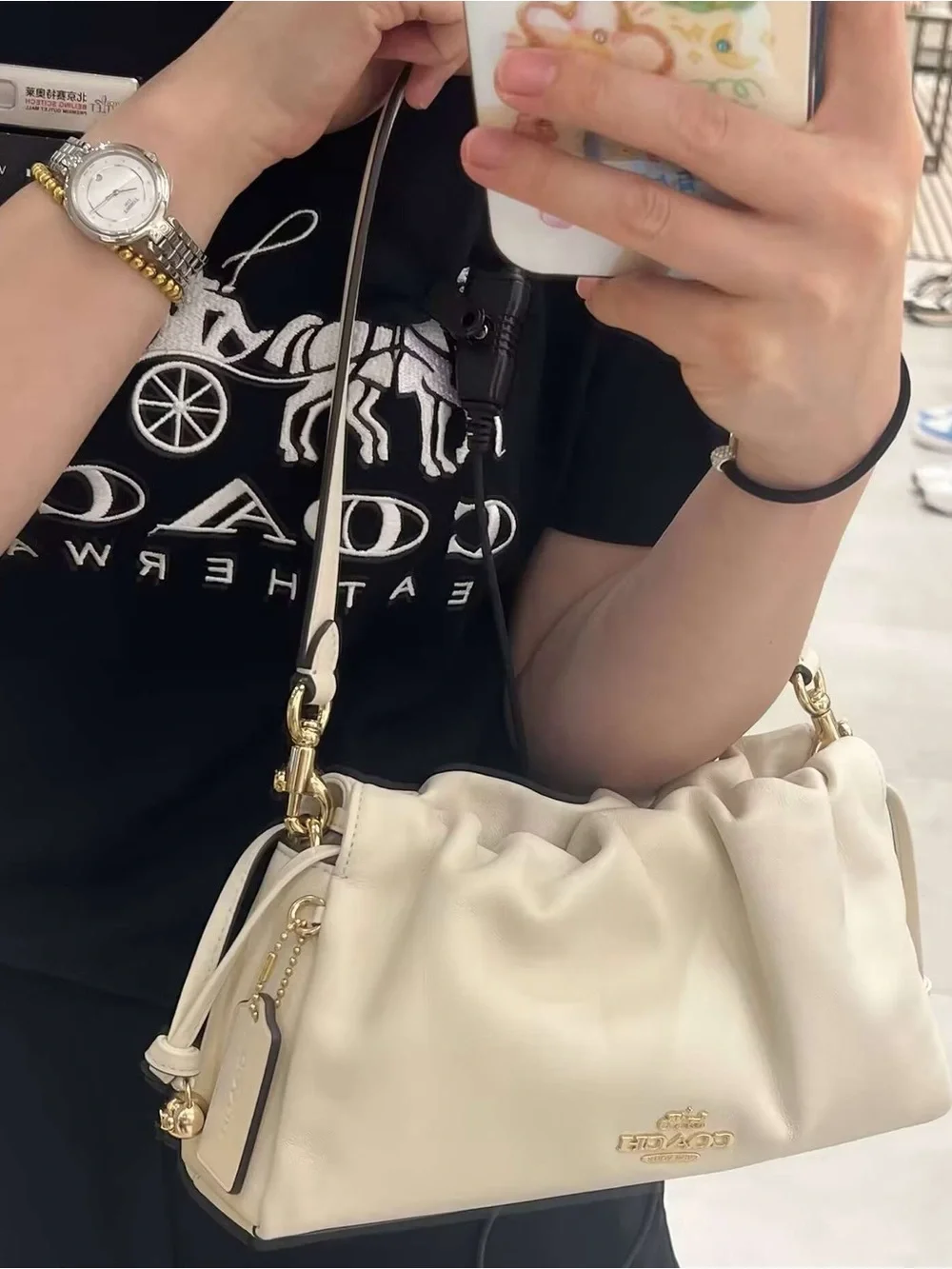 Coach Cream Ruched Leather Shoulder Bag with Gold Hardware